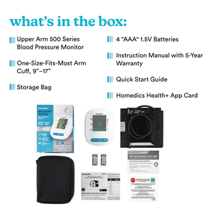 Homedics® Upper Arm 500 Series Blood Pressure Monitor, Voice Out Guide, Easy Operation, Accurate Results comes with multiple items in the box for ease of use
