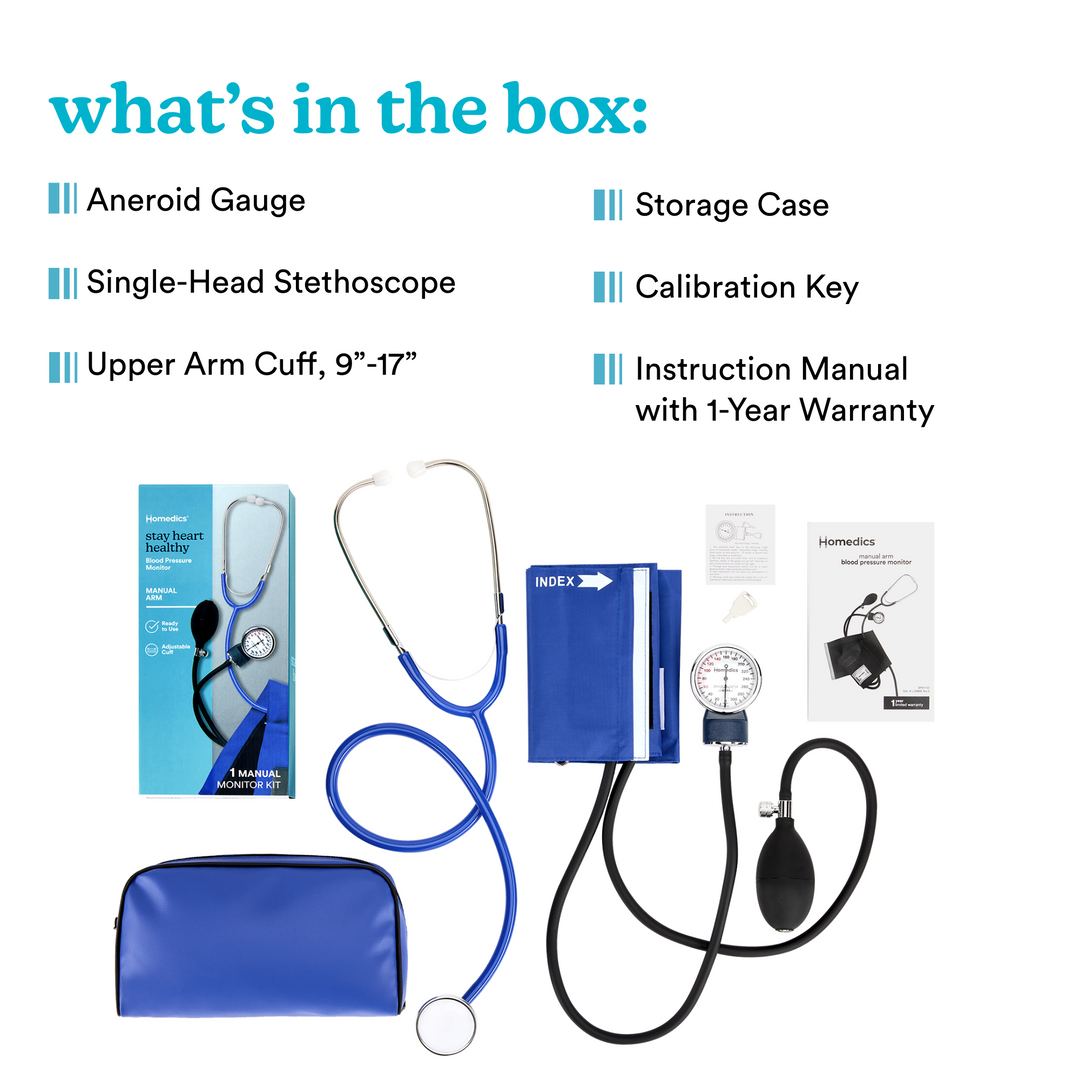 Homedics® Manual Arm Blood Pressure Monitor comes with an aneroid gauge, single-head stethoscope, upper arm cuff, storage case, calibration key, and instruction manual