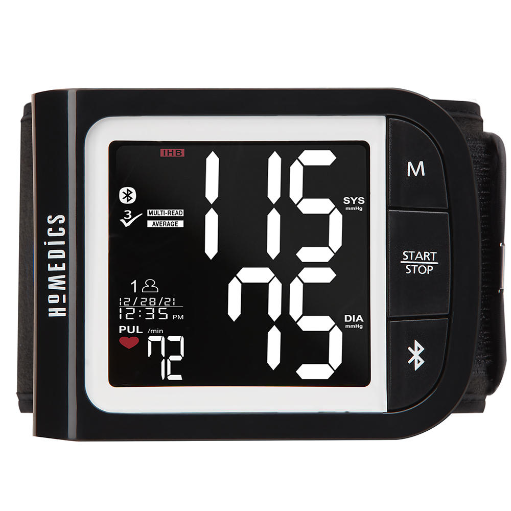 Premium Wrist Blood Pressure Monitor with attached Wrist Cuff placed on book on top of plaid blanket