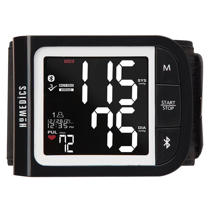 Premium Wrist Blood Pressure Monitor with attached Wrist Cuff placed on book on top of plaid blanket