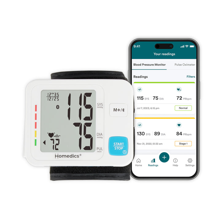 Image shows connected feature of Homedics® Wrist 600 Series Blood Pressure Monitor