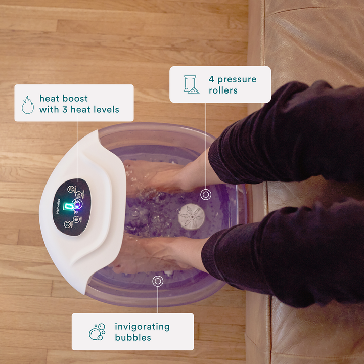 Feet in the Salt-N-Soak Footbath with Heat Boost with listed features. Heat boost with 3 levels, 4 pressure rollers and invigorating bubbles