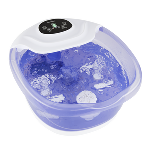 Feet in the Salt-N-Soak Footbath with Heat Boost with listed features. Heat boost with 3 levels, 4 pressure rollers and invigorating bubbles