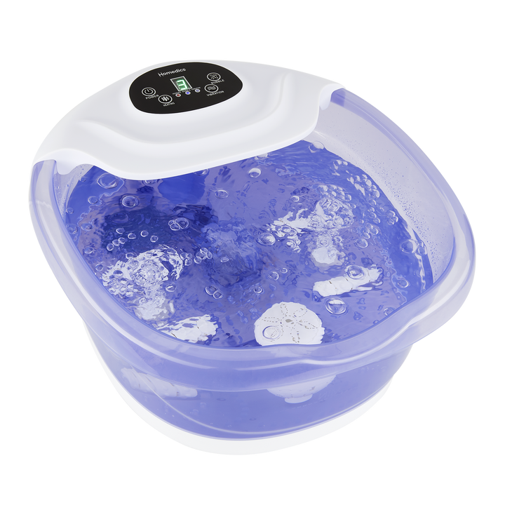 Feet in the Salt-N-Soak Footbath with Heat Boost with listed features. Heat boost with 3 levels, 4 pressure rollers and invigorating bubbles
