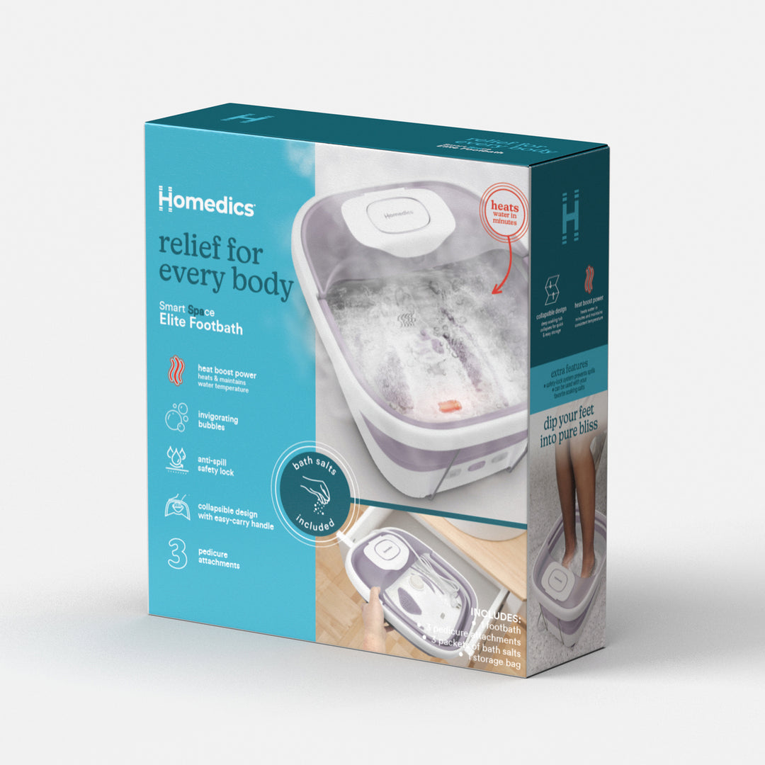 A blue box packaging of the Homedics® Smart Space Deluxe Footbath with Heat Boost which covers important information about the product on it