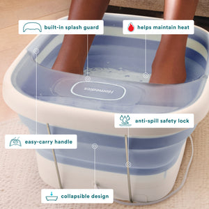 Image Shows Homedics® Smart Space Essential Footbath built-in splash guard helps maintain heat,anti-spill safety lock,easy-carry handle,collapsible design