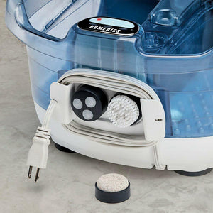 Close-up view of the built-in storage area for attachments in the Homedics 2-in-1 Sauna and Footbath with Heat Boost Power