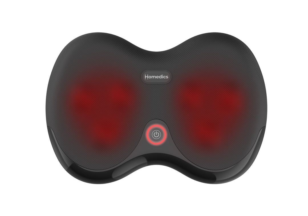 Shiatsu Foot Massager with Heat FMS-152H-CA view from above, massager on the floor in living room setting with person drinking coffee