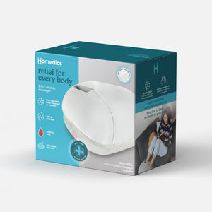 Packaging shows that the Homedics® 3-in-1 Shiatsu Massager provides relief for every body