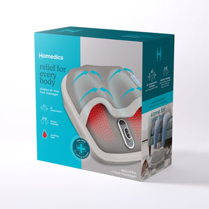 A blue box packaging of the Homedics® Shiatsu Air Max Foot Massager which covers important information about the product on it
