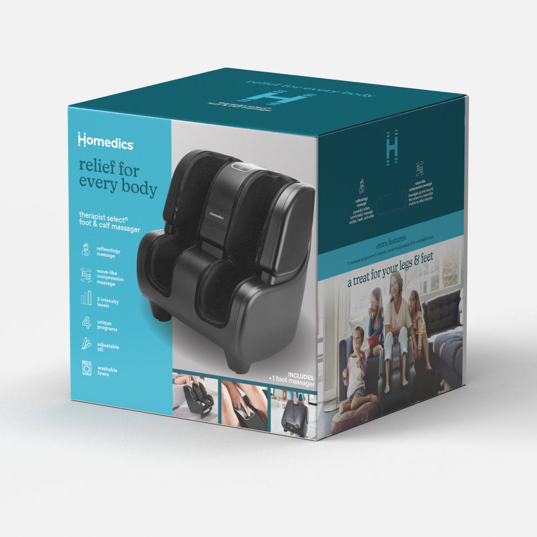 View of packaging box of the Homedics Therapist Select Foot and Calf Massager