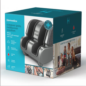 View of packaging box of the Homedics Deluxe Foot & Calf Massager with Heat