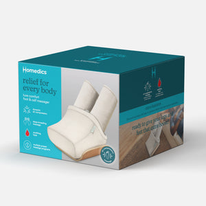 A blue box packaging of the Homedics® Compression Boot Foot & Calf Massager with Heat which covers important information about the product on it