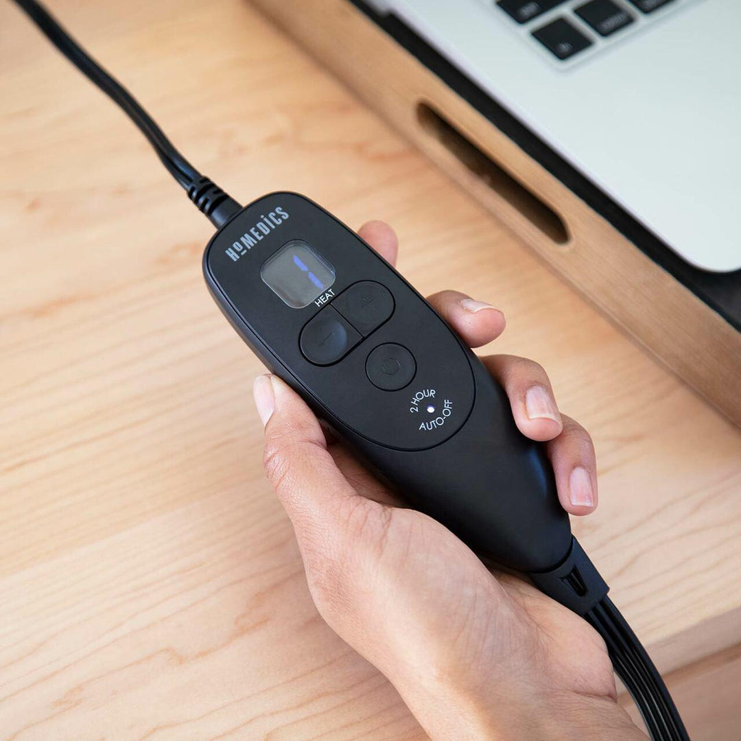Close-up view of the digital LCD controller on the Homedics Contoured Seat Cushion with Heat