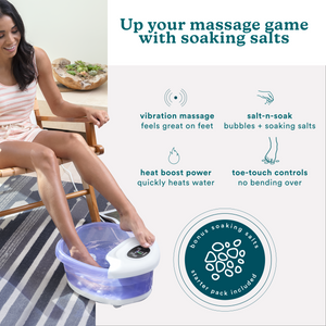 Up your massage game with soaking sales. Woman changing settings with toe on the Salt-N-Soak Footbath with Heat Boost