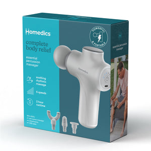 Image shows Homedics Essential Percussion Massager in a box