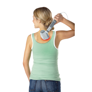 Woman in green tank top uses Homedics® Hot & Cold Vibration Body Massager on back