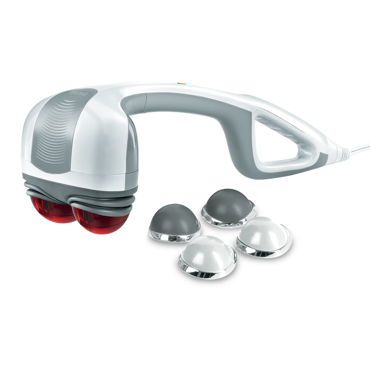 White | Angled view of white Percussion Action Plus Handheld Massager with Heat with accessories