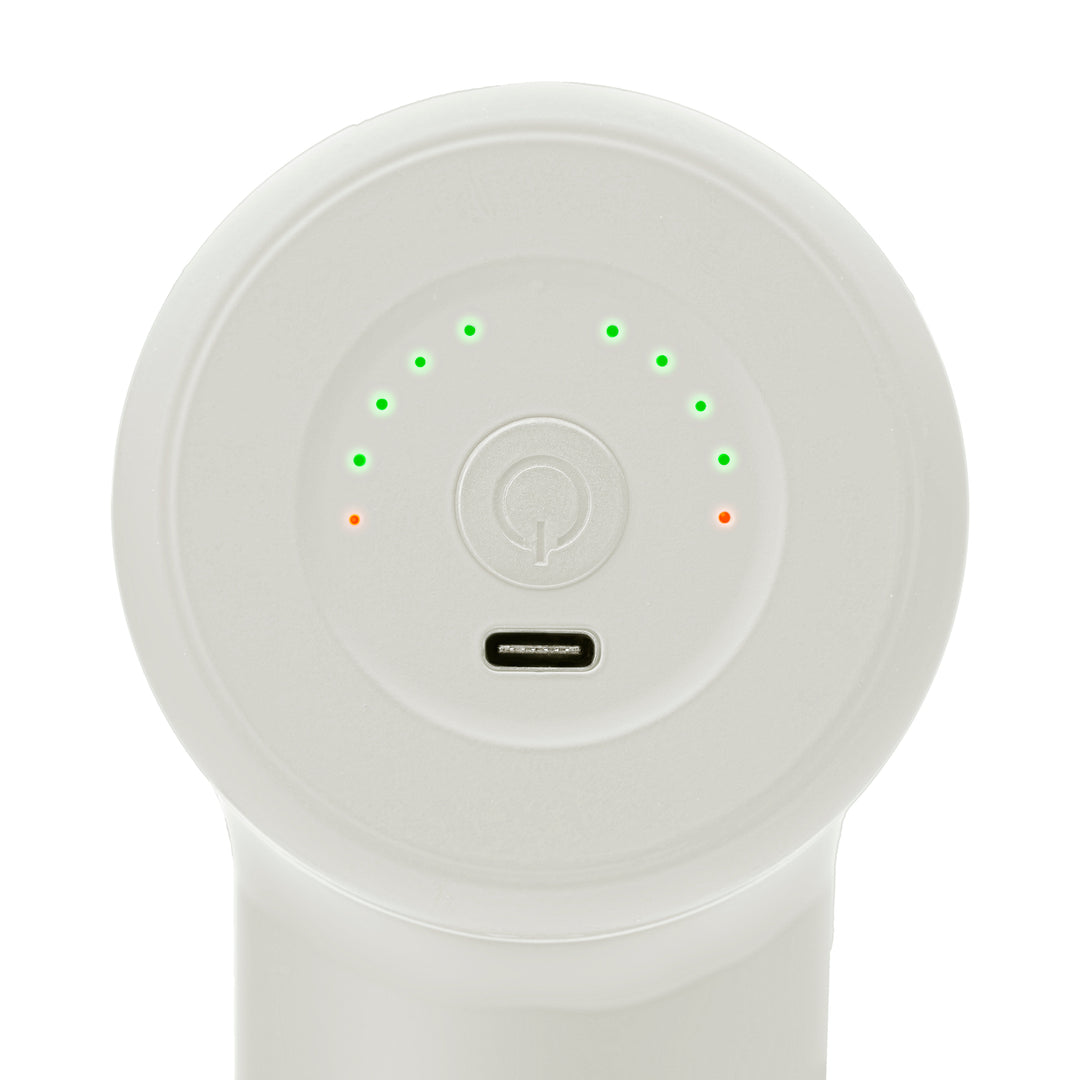 White | Homedics Therapist Select Prime Percussion Massager view of the back showing controls