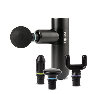 Angled view of the Homedics Therapist Select Compact Percussion Massager with attachments