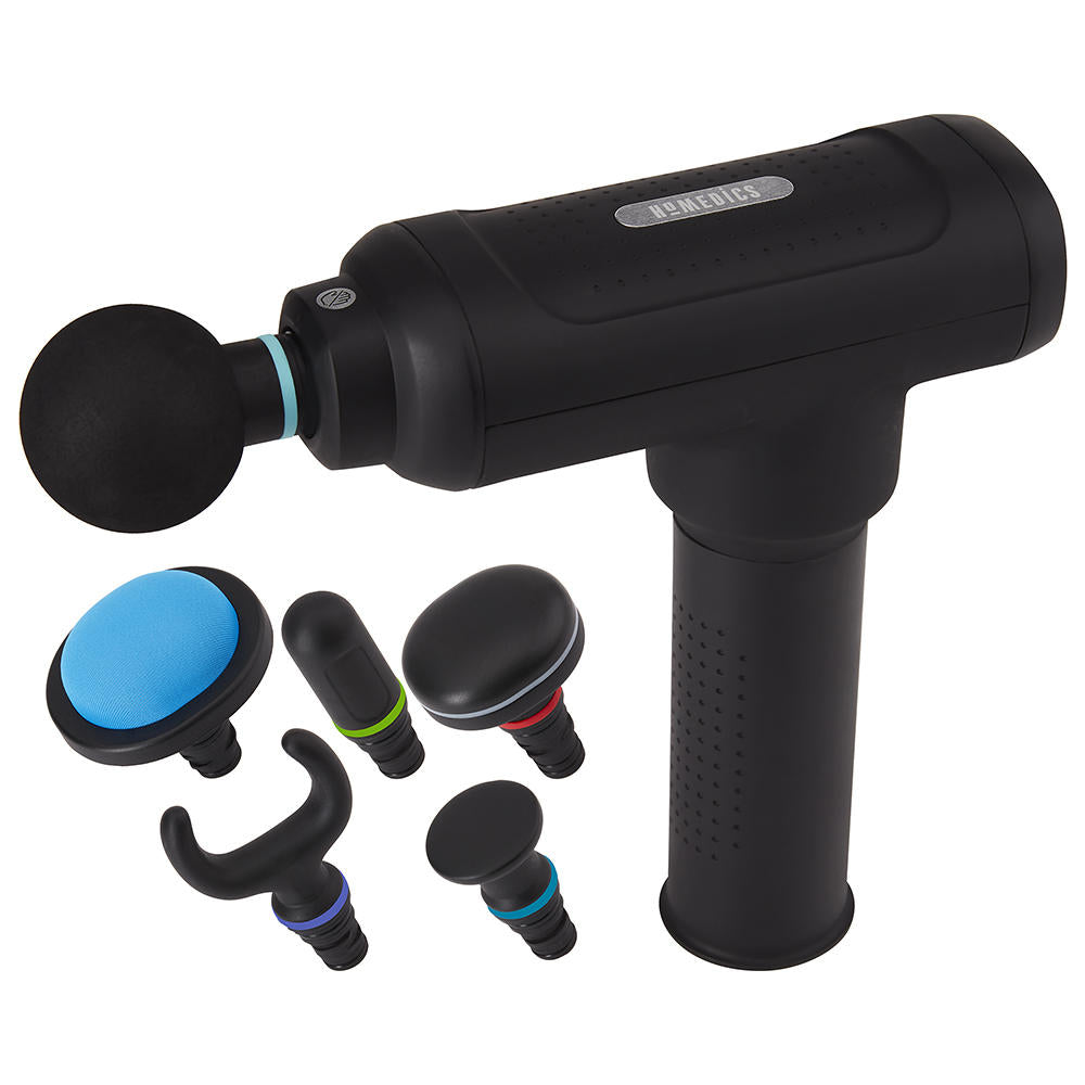 Angled view of the Homedics Therapist Select Hot and Cold Percussion Massager with 6 attachments