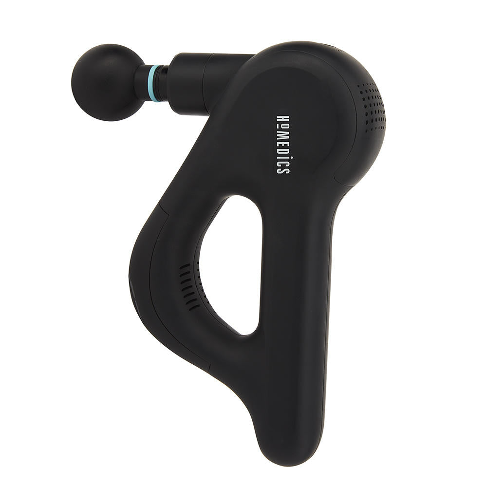 Woman in pink and white sportswear massaging back with the Homedics Therapist Select DuoTemp Pro Percussion Massager - features listed on image. cordless, easy to read, 6 attachments, long runtime