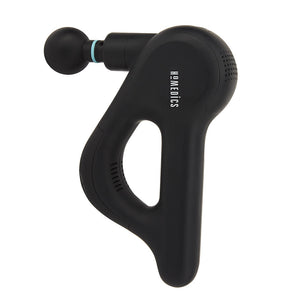 Woman in pink and white sportswear massaging back with the Homedics Therapist Select DuoTemp Pro Percussion Massager - features listed on image. cordless, easy to read, 6 attachments, long runtime