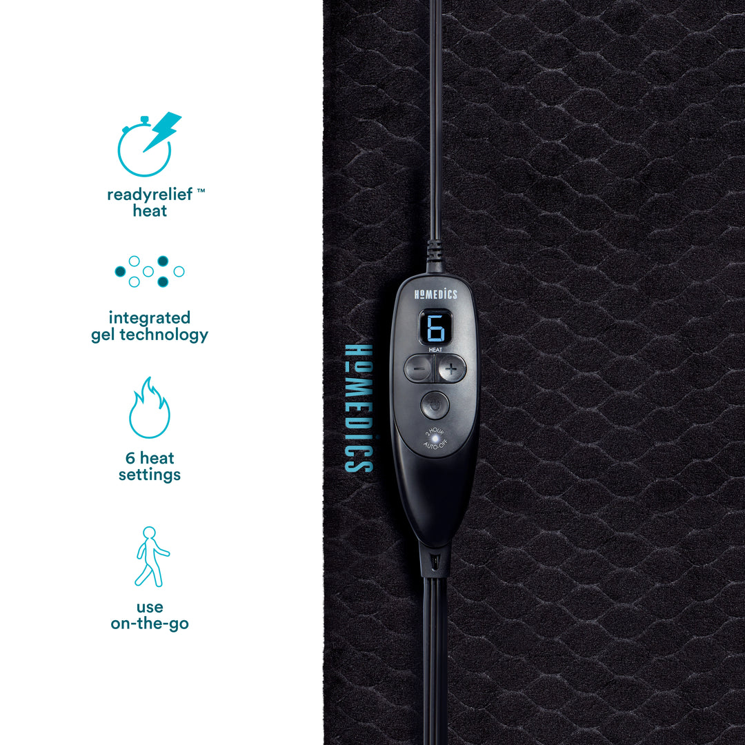 readyrelief ™ heat, integrated gel technology, 6 heat settings, use on-the-go