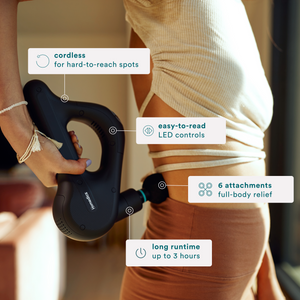 Woman in pink and white sportswear massaging back with the Homedics Therapist Select DuoTemp Pro Percussion Massager - features listed on image. cordless, easy to read, 6 attachments, long runtime