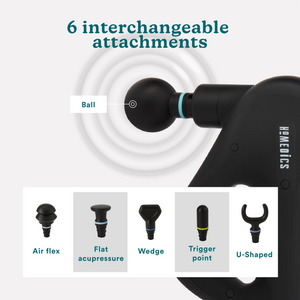 Angled view of the Homedics Therapist Select DuoTemp Pro Percussion Massager with 6 interchangeable attachments