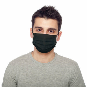 Front view of man wearing a Homedics Black Single Use Ear-Loop Face Mask (50 Count)