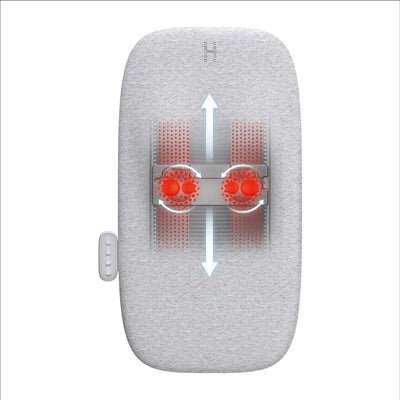 A blue box packaging of the Homedics® Ultra Slim Shiatsu Massage Cushion with Heat which covers important information about the product on it