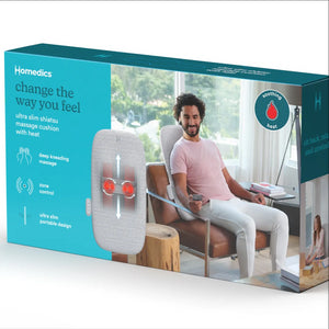 A blue box packaging of the Homedics® Ultra Slim Shiatsu Massage Cushion with Heat which covers important information about the product on it