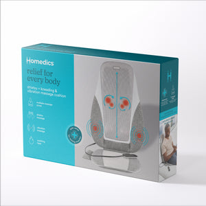 View of packaging box of the Homedics Shiatsu + Kneading and Vibration Massage Cushion