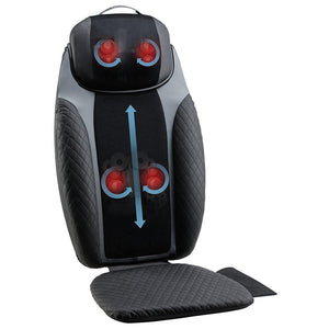 Angled view of the Homedics 2-in-1 Shiatsu Massage Cushion and Cordless Body Massager with graphics showing massage zones