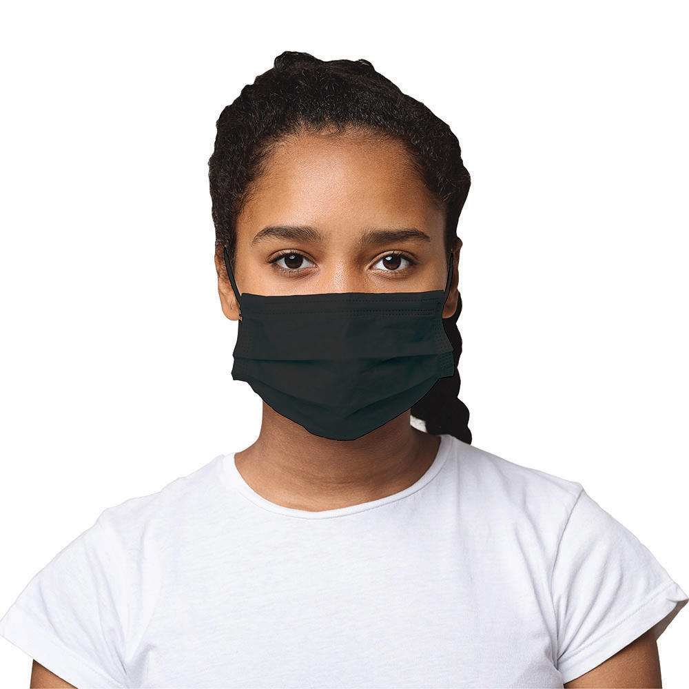 Front view of girl wearing a Homedics Small Size Black Ear-Loop Face Masks (50 Count)