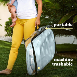 Blue | Homedics® 3-in-1 Calming Cushion in Blue, showcasing its portability and machine washable feature.