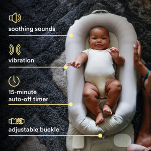 Grey | Homedics® 3-in-1 Calming Cushion in Grey color, showcasing features of soothing sounds, calming vibrations, and cozy comfort.