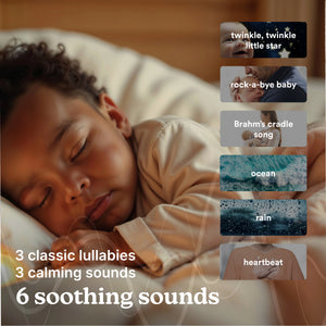 6 soothing sounds- 3 classic lullabies and 3 calming sounds(twinkle, twinkle
little star, rock-a-bye baby, Brahm's cradle song, ocean, rain, heartbeat)