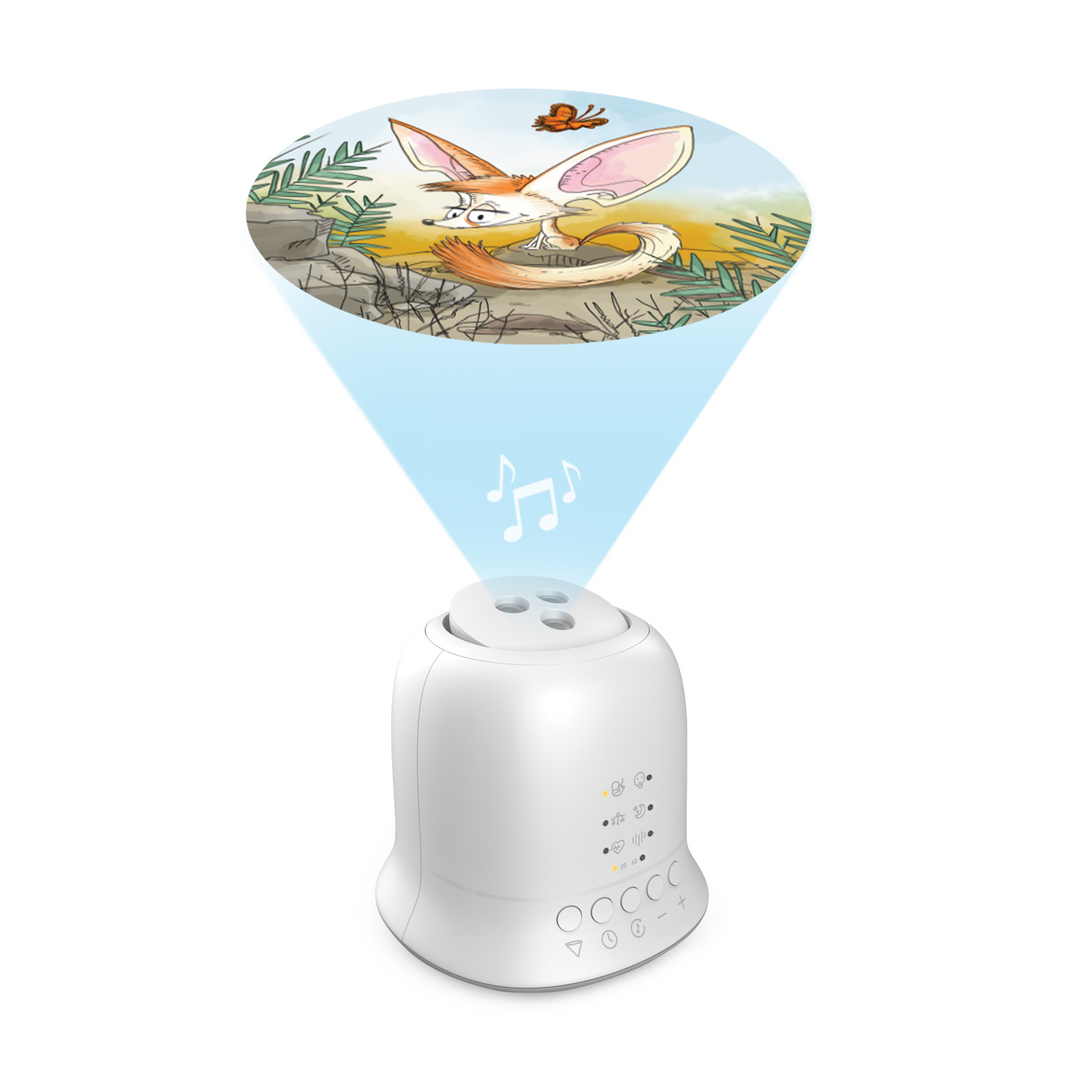 Baby roams in crib with Homedics SoundSpa Lullaby with Sounds & Projection on nightstand