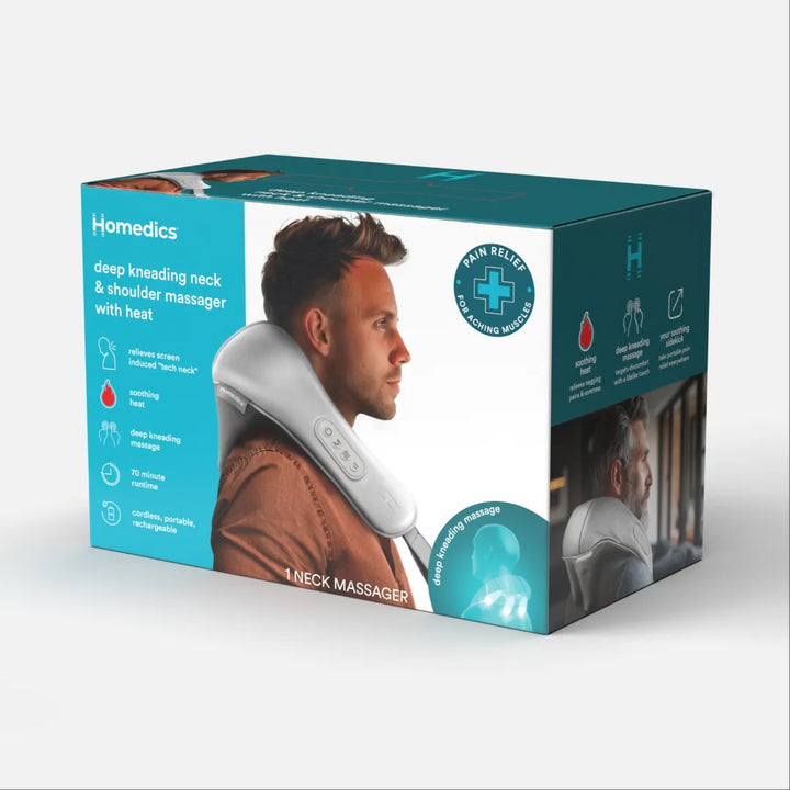A blue box packaging of the Homedics Deep Kneading Neck & Shoulder Massager with Heat