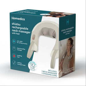 View of packaging box of  Homedics Shiatsu Rechargeable Neck Massager with Heat