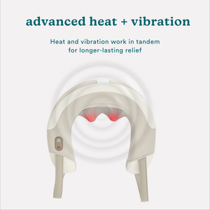 Woman leans back in chair while enjoying her Homedics Shiatsu Rechargeable Neck Massager with Heat showing the advanced heat and vibration