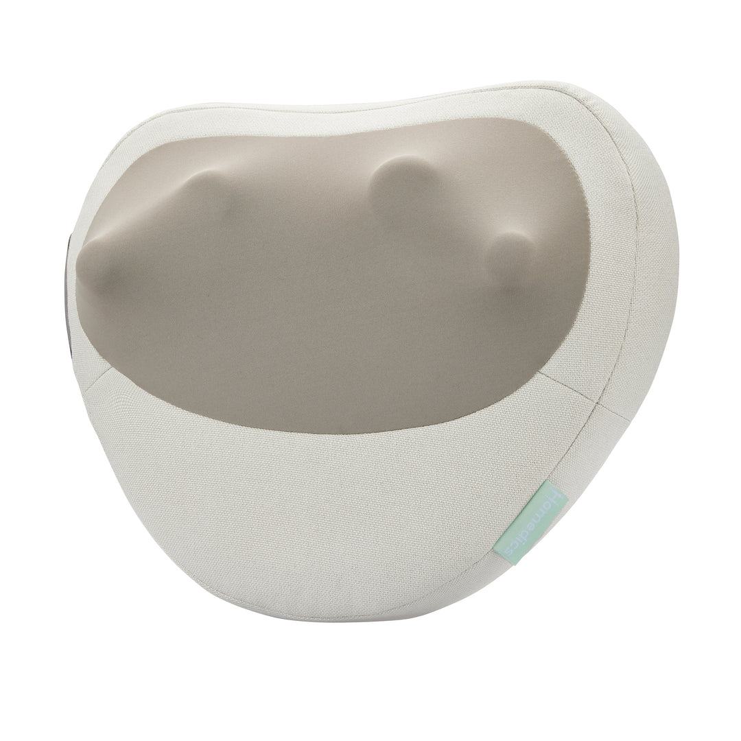 Woman reclines on couch while receiving a massage from the Homedics Total Recline Neck Massager with list of features