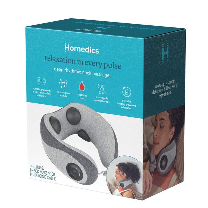 Image shows Homedics® Deep Rhythmic Neck Massager in a box