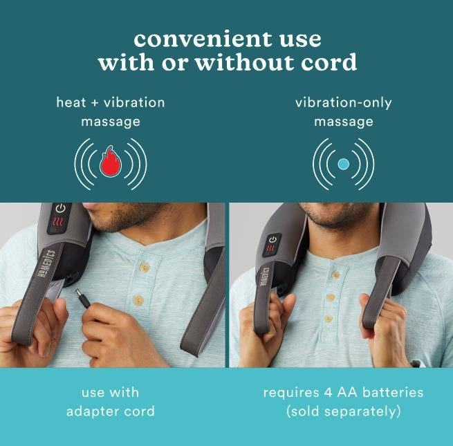 Pro Therapy Vibration Neck Massager with Soothing Heat allows you to use it with or without the cord