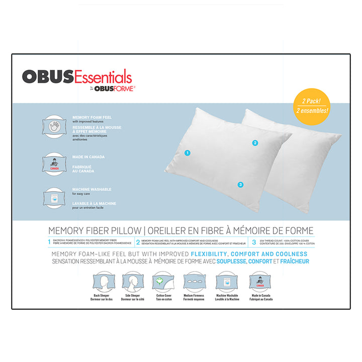 ObusEssentials Fiber Filled Pillow - 2 Pack