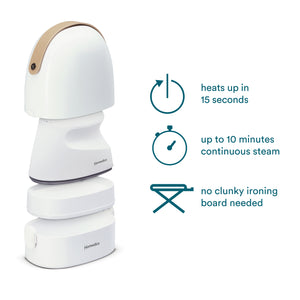 White | heats up in 15 seconds, up to 10 minutes continuous steam, no clunky ironing board needed