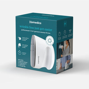White | Boxed image of Homedics® PerfectSteam 2-in-1 Garment Steamer & Iron