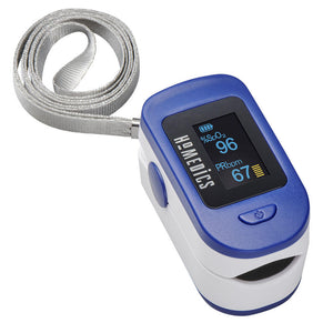 Angled view of the Homedics Pulse Oximeter with strap